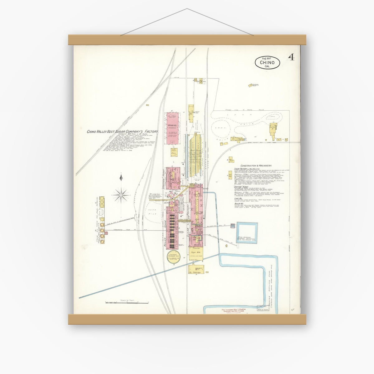 Old map wall art mockup — magnetic wood frame on white wall — Sanborn Fire Insurance Map from Chino, San Bernardino County, California (1897), Sheet #0004