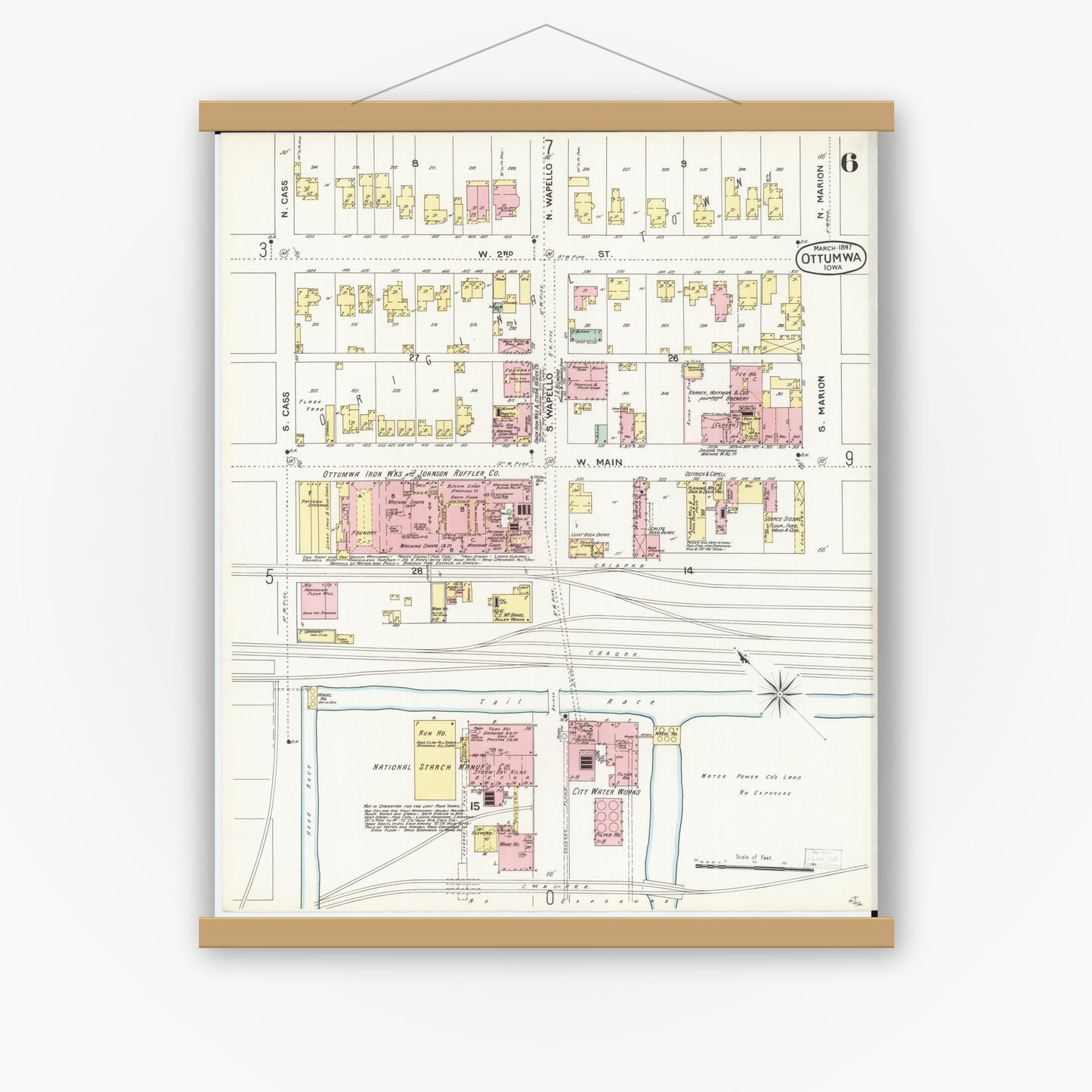 Old map wall art mockup — magnetic wood frame on white wall — Sanborn Fire Insurance Map from Ottumwa, Wapello County, Iowa (1897), Sheet #0006