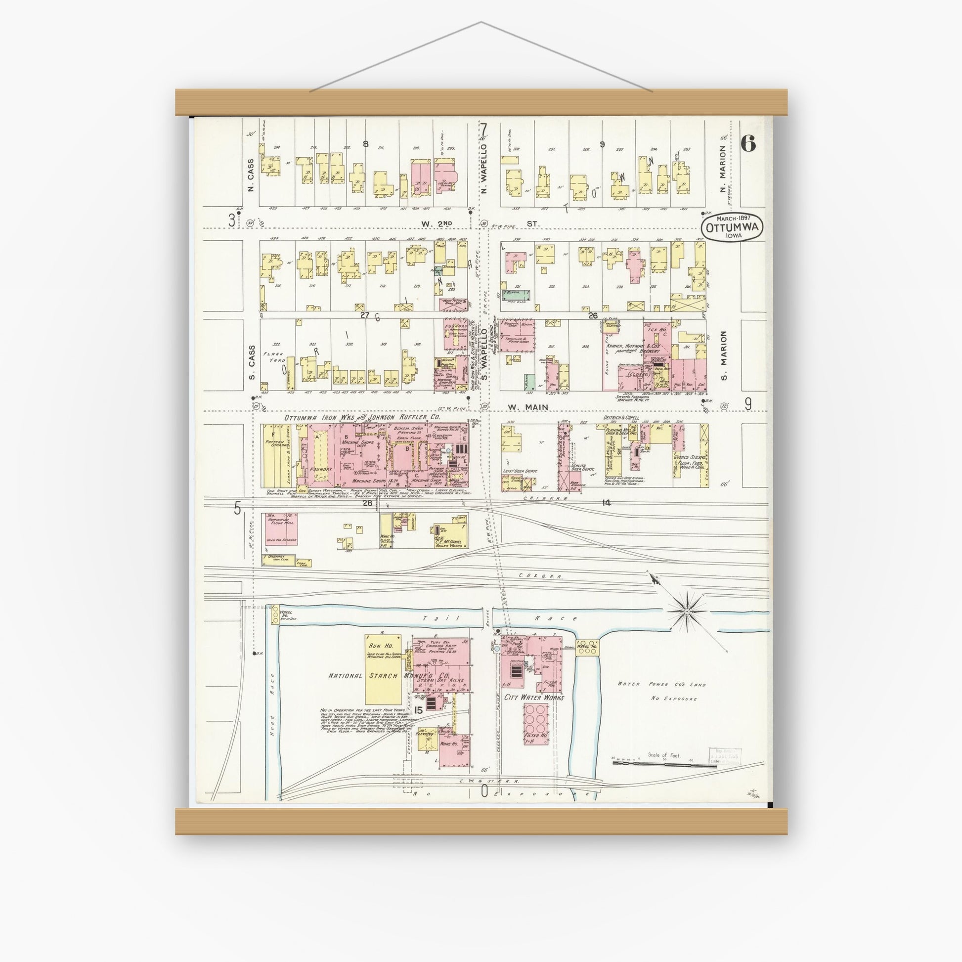 Old map wall art mockup — magnetic wood frame on white wall — Sanborn Fire Insurance Map from Ottumwa, Wapello County, Iowa (1897), Sheet #0006