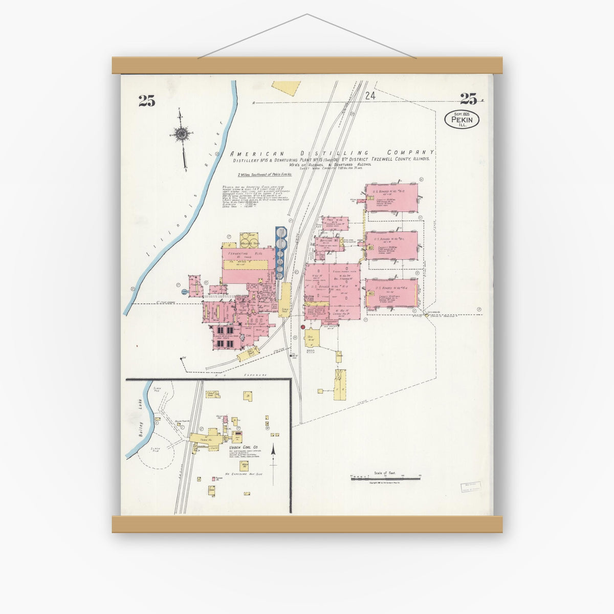 Old map wall art mockup — magnetic wood frame on white wall — Sanborn Fire Insurance Map from Pekin, Tazewell County, Illinois (1925), Sheet #0025