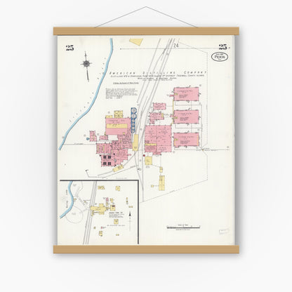 Old map wall art mockup — magnetic wood frame on white wall — Sanborn Fire Insurance Map from Pekin, Tazewell County, Illinois (1925), Sheet #0025