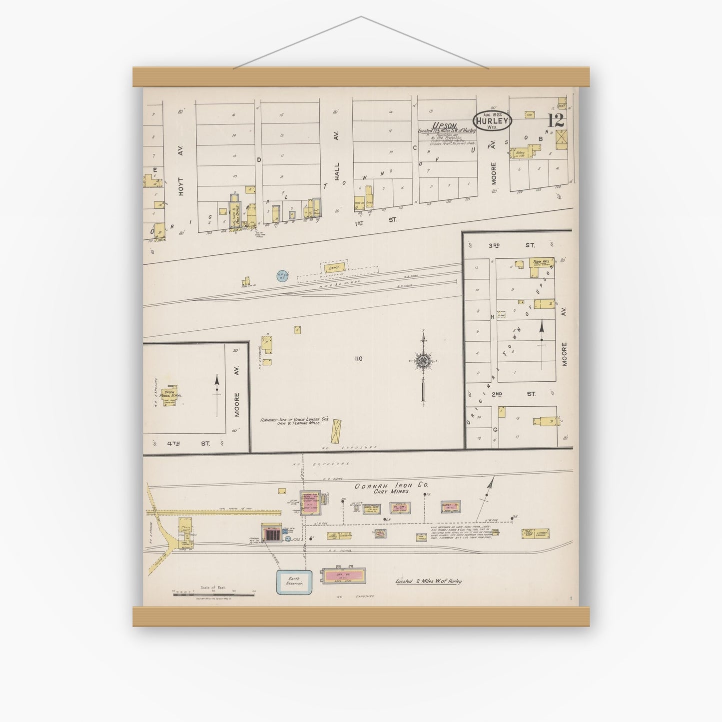 Old map wall art mockup — magnetic wood frame on white wall — Sanborn Fire Insurance Map from Hurley, Iron County, Wisconsin (1922), Sheet #0012