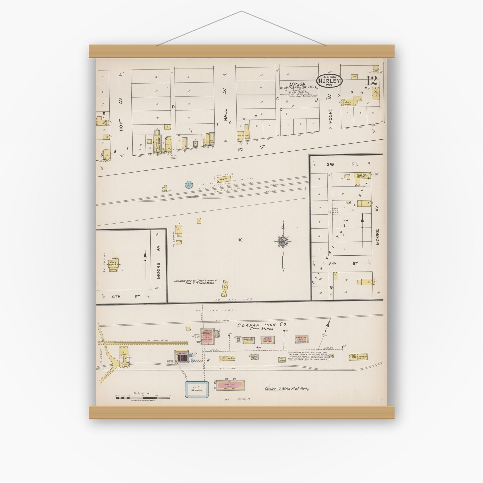 Old map wall art mockup — magnetic wood frame on white wall — Sanborn Fire Insurance Map from Hurley, Iron County, Wisconsin (1922), Sheet #0012