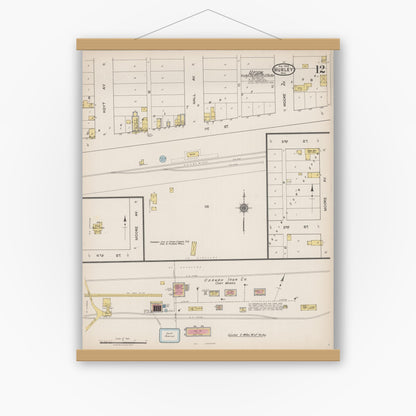 Old map wall art mockup — magnetic wood frame on white wall — Sanborn Fire Insurance Map from Hurley, Iron County, Wisconsin (1922), Sheet #0012