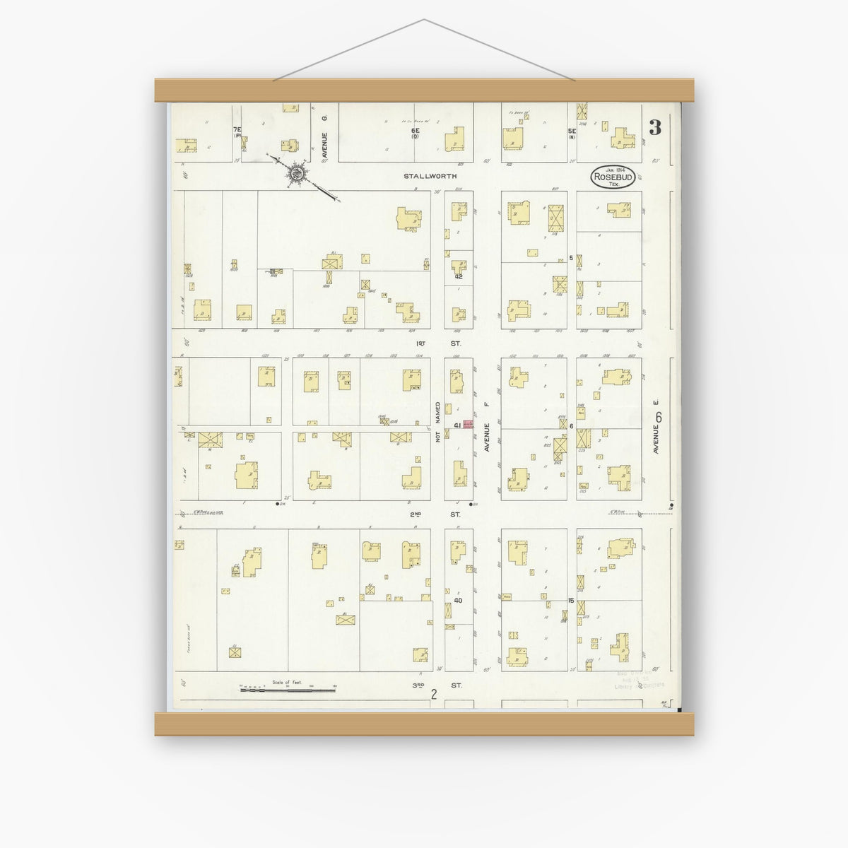 Old map wall art mockup — magnetic wood frame on white wall — Sanborn Fire Insurance Map from Rosebud, Falls County, Texas (1914), Sheet #0003