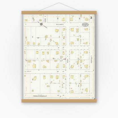 Old map wall art mockup — magnetic wood frame on white wall — Sanborn Fire Insurance Map from Rosebud, Falls County, Texas (1914), Sheet #0003