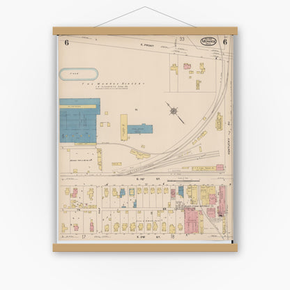 Old map wall art mockup — magnetic wood frame on white wall — Sanborn Fire Insurance Map from Monroe, Monroe County, Michigan (1922), Sheet #0006