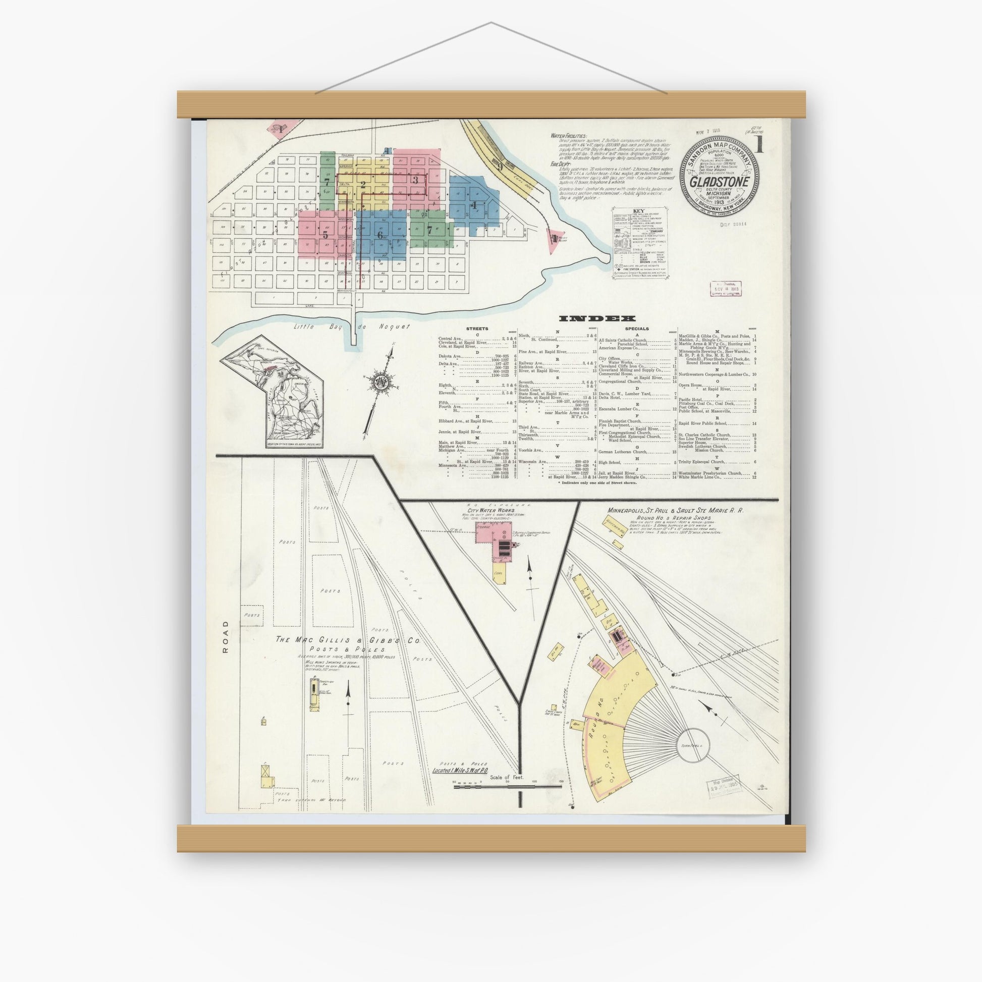 Old map wall art mockup — magnetic wood frame on white wall — Sanborn Fire Insurance Map from Gladstone, Delta County, Michigan (1913), Sheet #0001