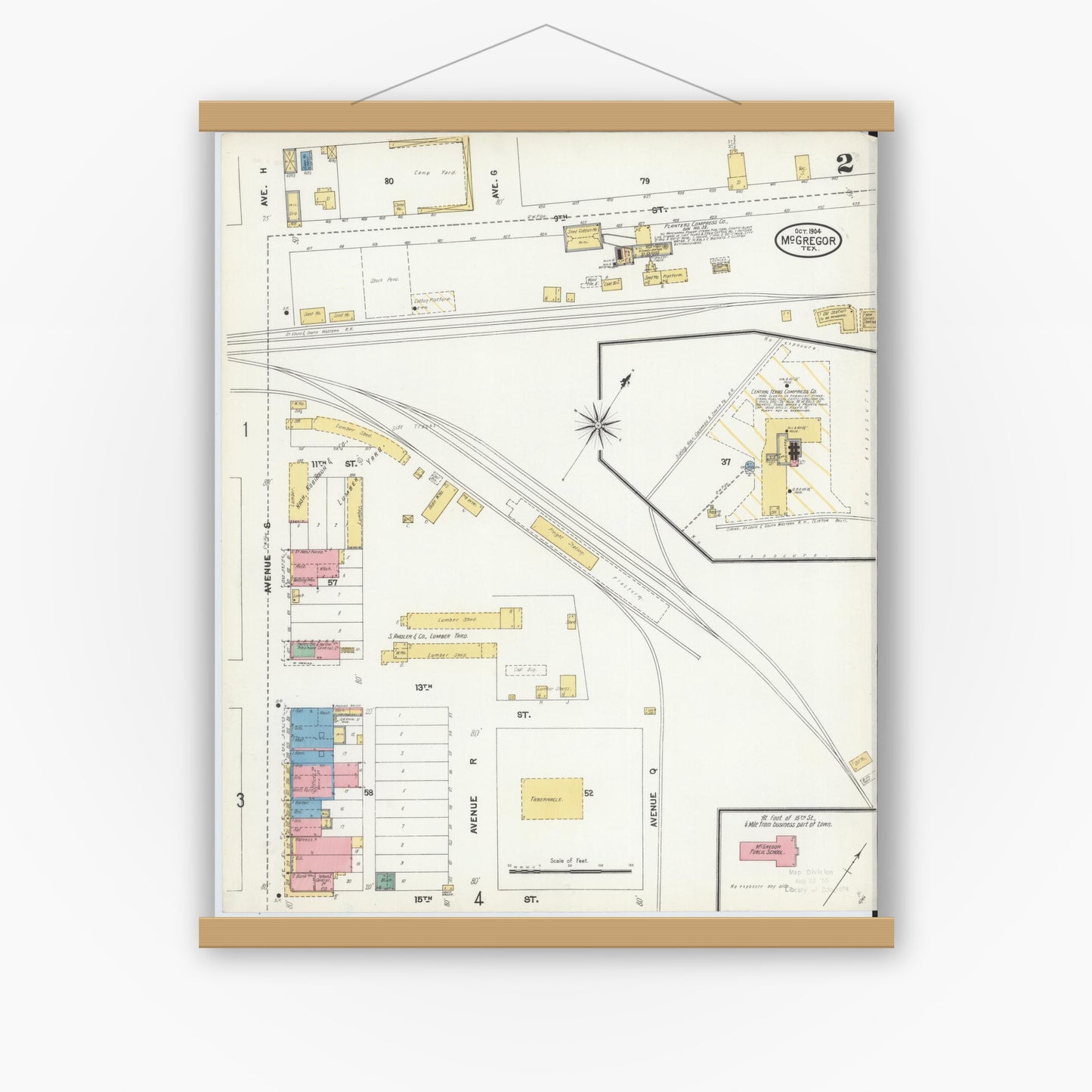 Old map wall art mockup — magnetic wood frame on white wall — Sanborn Fire Insurance Map from McGregor, McLennan County, Texas (1904), Sheet #0002