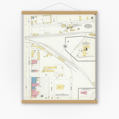 Old map wall art mockup — magnetic wood frame on white wall — Sanborn Fire Insurance Map from McGregor, McLennan County, Texas (1904), Sheet #0002