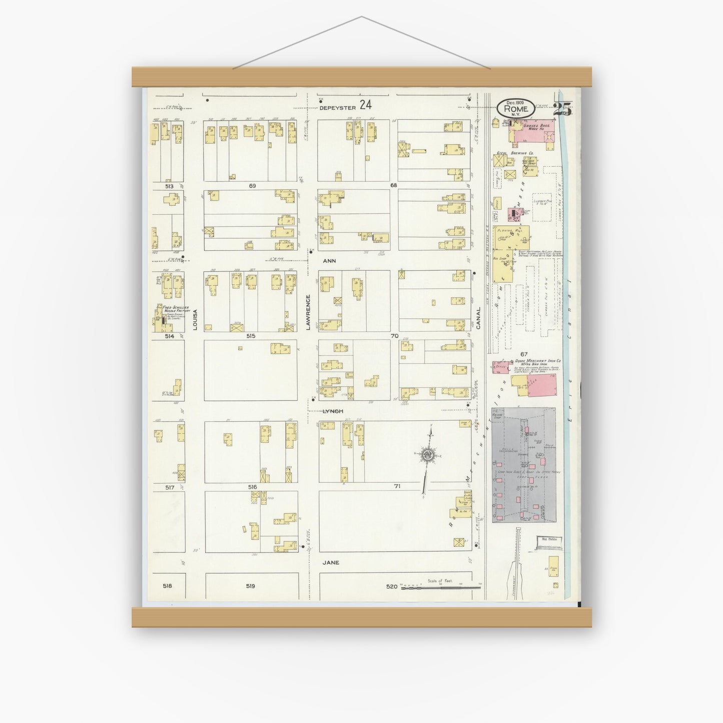 Old map wall art mockup — magnetic wood frame on white wall — Sanborn Fire Insurance Map from Rome, Oneida County, New York (1909), Sheet #0025