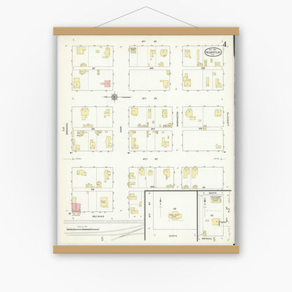 Old map wall art mockup — magnetic wood frame on white wall — Sanborn Fire Insurance Map from Hempstead, Waller County, Texas (1912), Sheet #0004