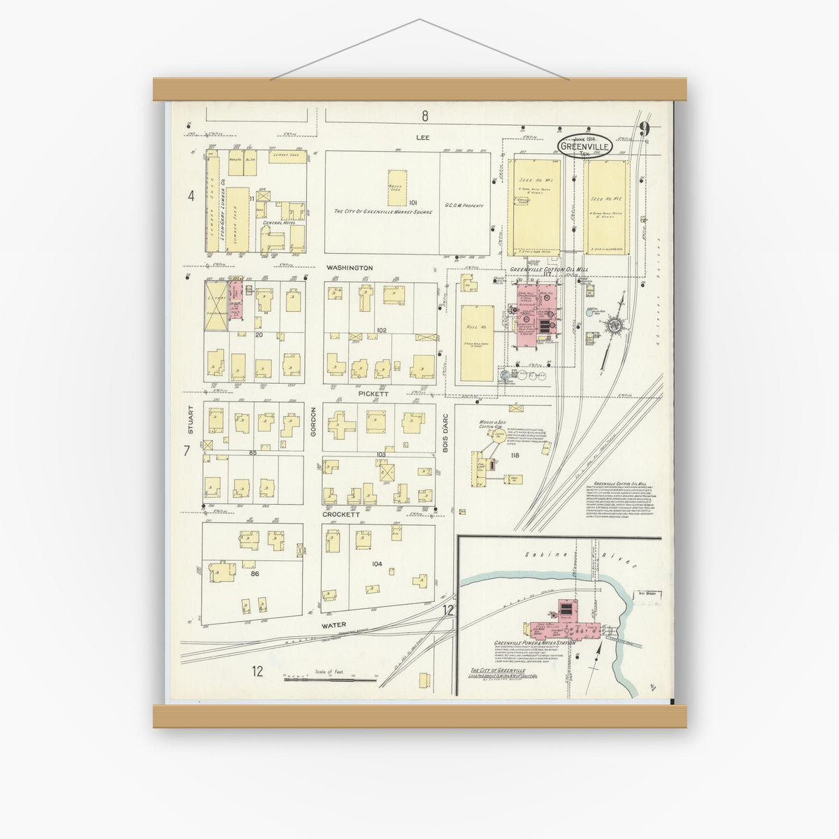 Old map wall art mockup — magnetic wood frame on white wall — Sanborn Fire Insurance Map from Greenville, Hunt County, Texas (1914), Sheet #0009