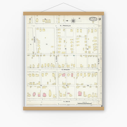 Old map wall art mockup — magnetic wood frame on white wall — Sanborn Fire Insurance Map from Butler, Butler County, Pennsylvania (1891), Sheet #0009