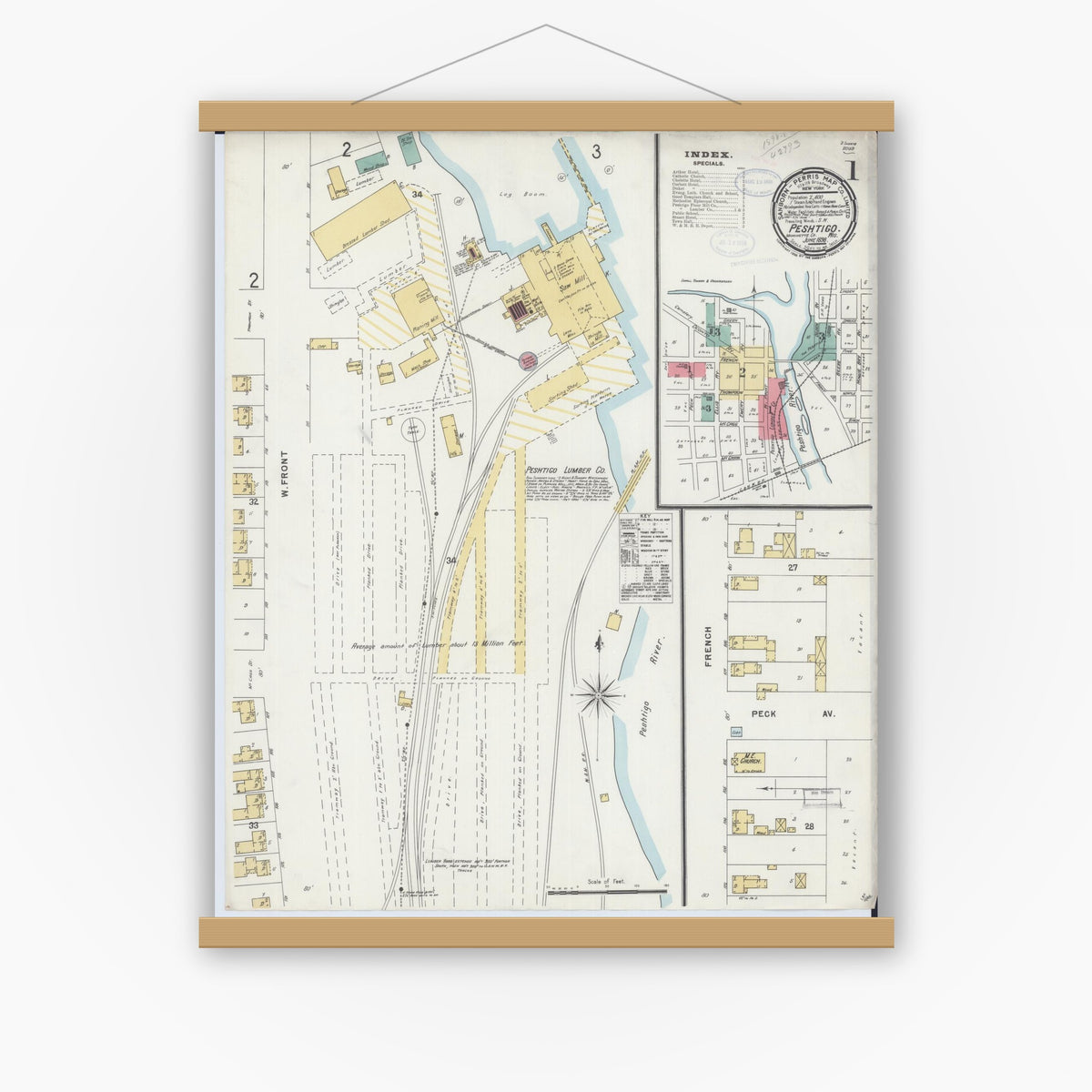 Old map wall art mockup — magnetic wood frame on white wall — Sanborn Fire Insurance Map from Peshtigo, Marinette County, Wisconsin (1898), Sheet #0001