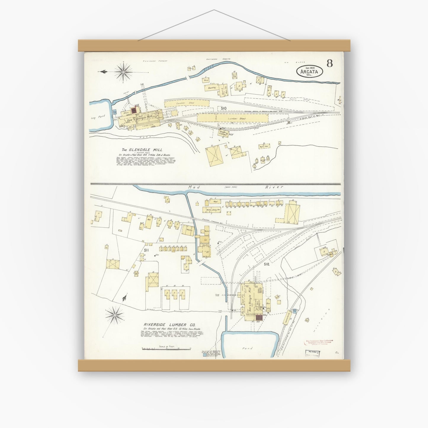 Old map wall art mockup — magnetic wood frame on white wall — Sanborn Fire Insurance Map from Arcata, Humboldt County, California (1900), Sheet #0008