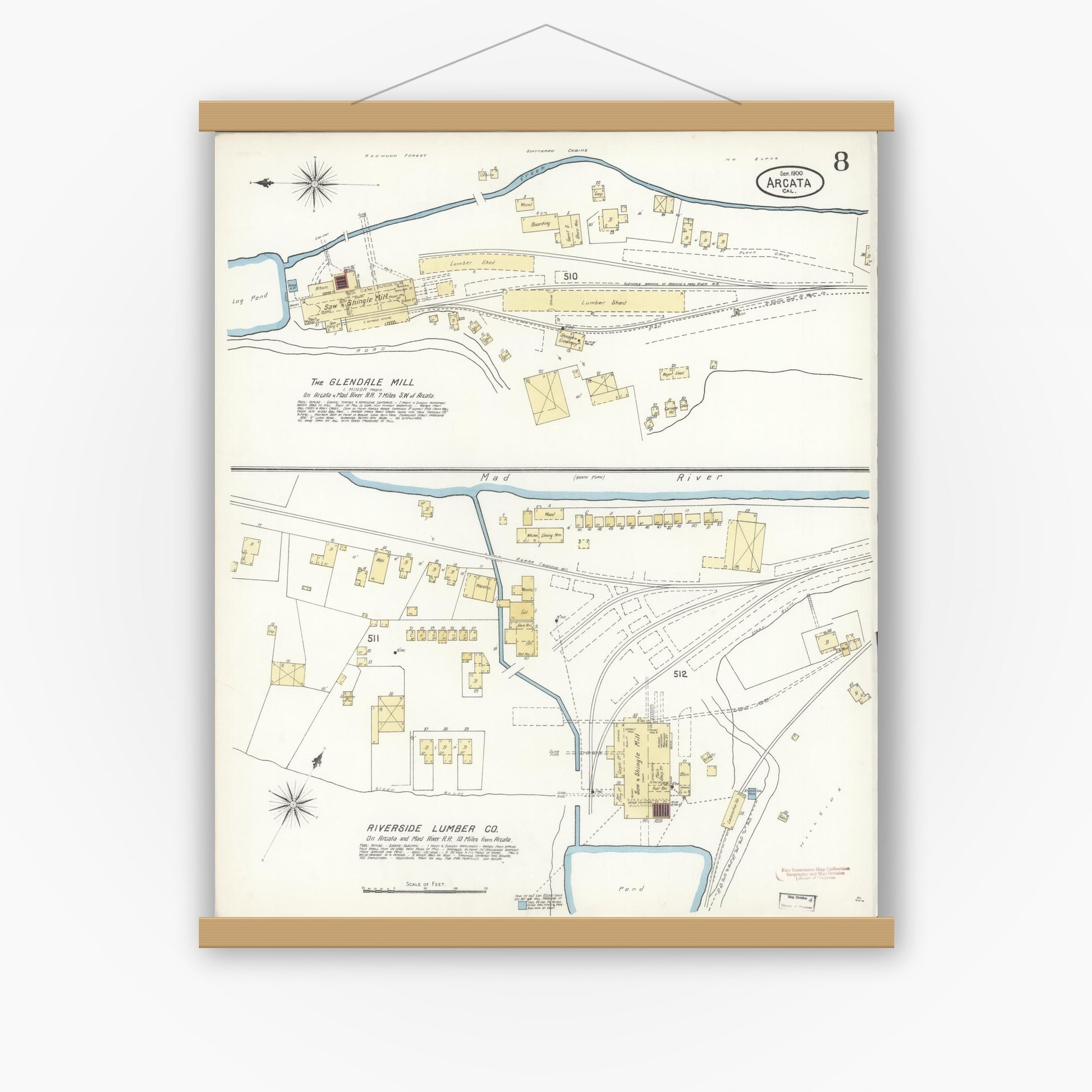 Old map wall art mockup — magnetic wood frame on white wall — Sanborn Fire Insurance Map from Arcata, Humboldt County, California (1900), Sheet #0008