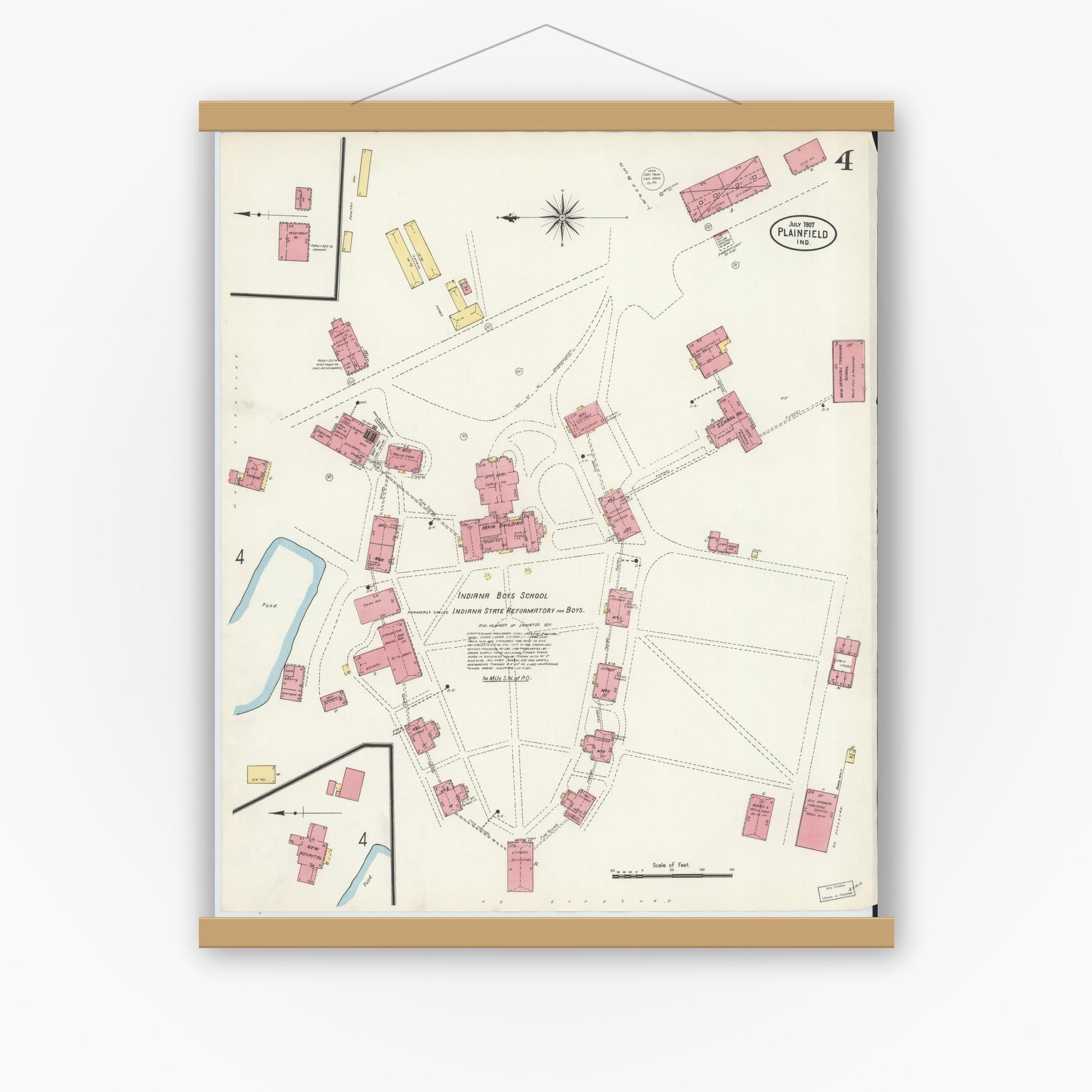 Old map wall art mockup — magnetic wood frame on white wall — Sanborn Fire Insurance Map from Plainfield, Hendricks County, Indiana (1907), Sheet #0004