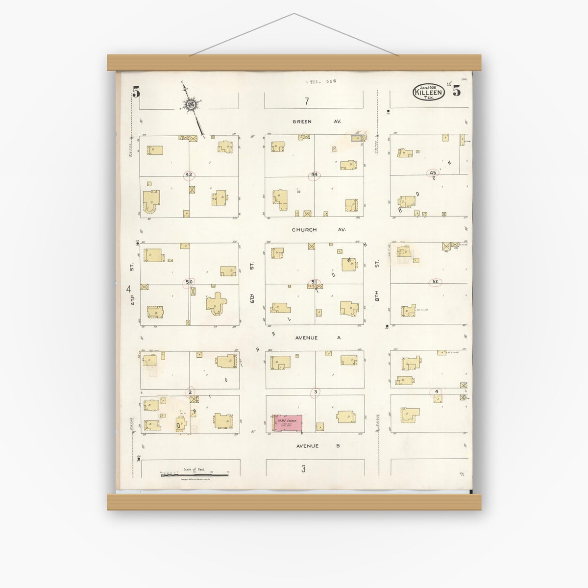 Old map wall art mockup — magnetic wood frame on white wall — Sanborn Fire Insurance Map from Killeen, Bell County, Texas (1937), Sheet #0005