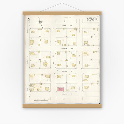 Old map wall art mockup — magnetic wood frame on white wall — Sanborn Fire Insurance Map from Killeen, Bell County, Texas (1937), Sheet #0005