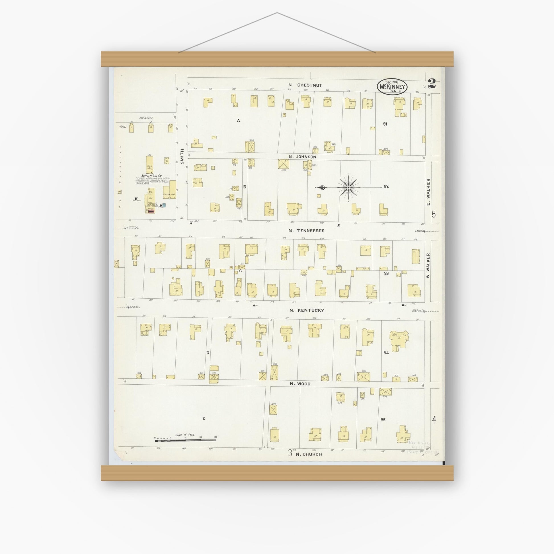 Old map wall art mockup — magnetic wood frame on white wall — Sanborn Fire Insurance Map from McKinney, Collin County, Texas (1908), Sheet #0002