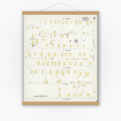 Old map wall art mockup — magnetic wood frame on white wall — Sanborn Fire Insurance Map from McKinney, Collin County, Texas (1908), Sheet #0002