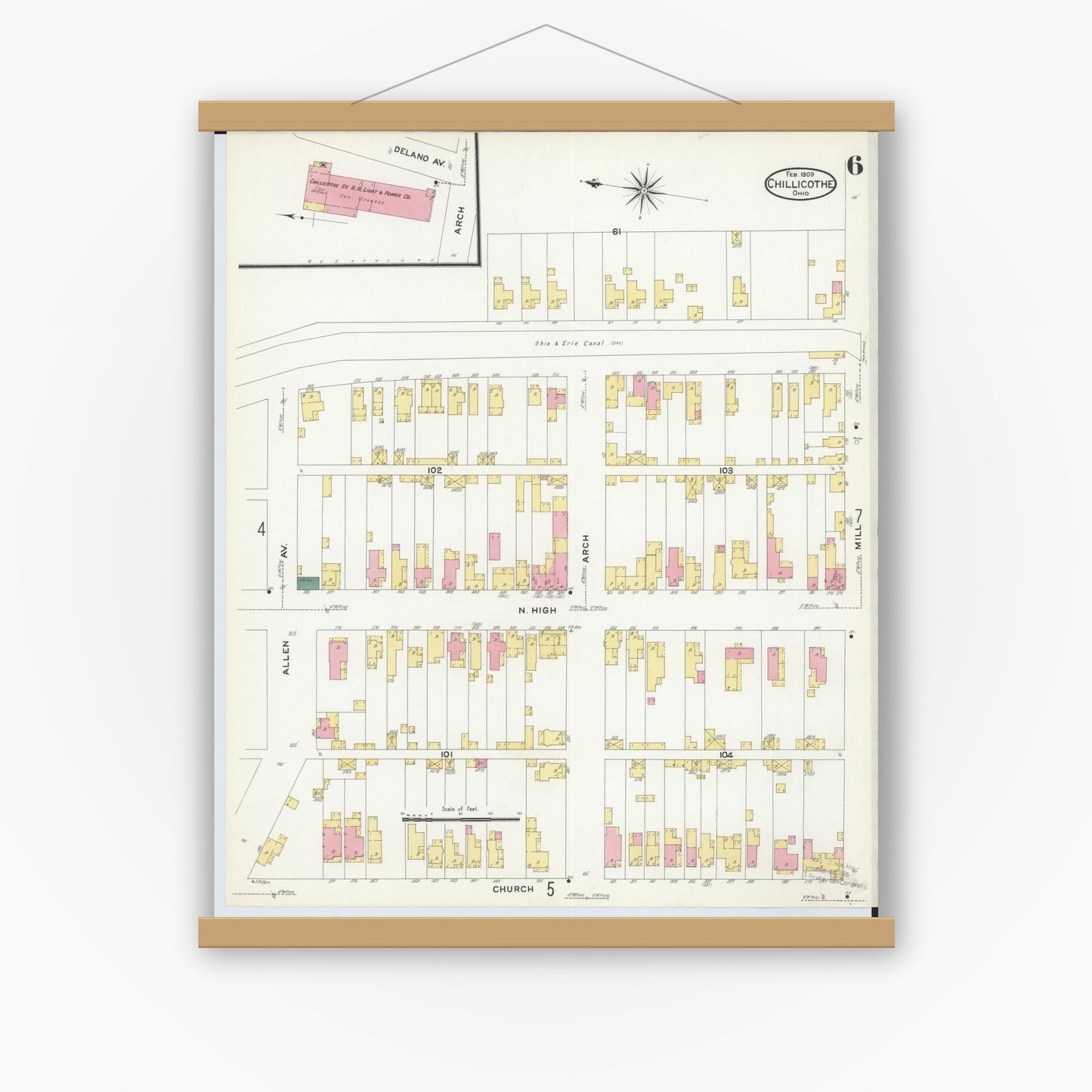 Old map wall art mockup — magnetic wood frame on white wall — Sanborn Fire Insurance Map from Chillicothe, Ross County, Ohio (1909), Sheet #0006