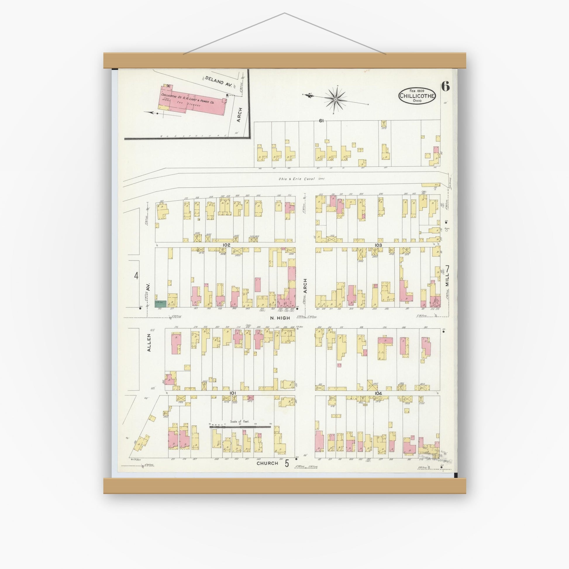 Old map wall art mockup — magnetic wood frame on white wall — Sanborn Fire Insurance Map from Chillicothe, Ross County, Ohio (1909), Sheet #0006