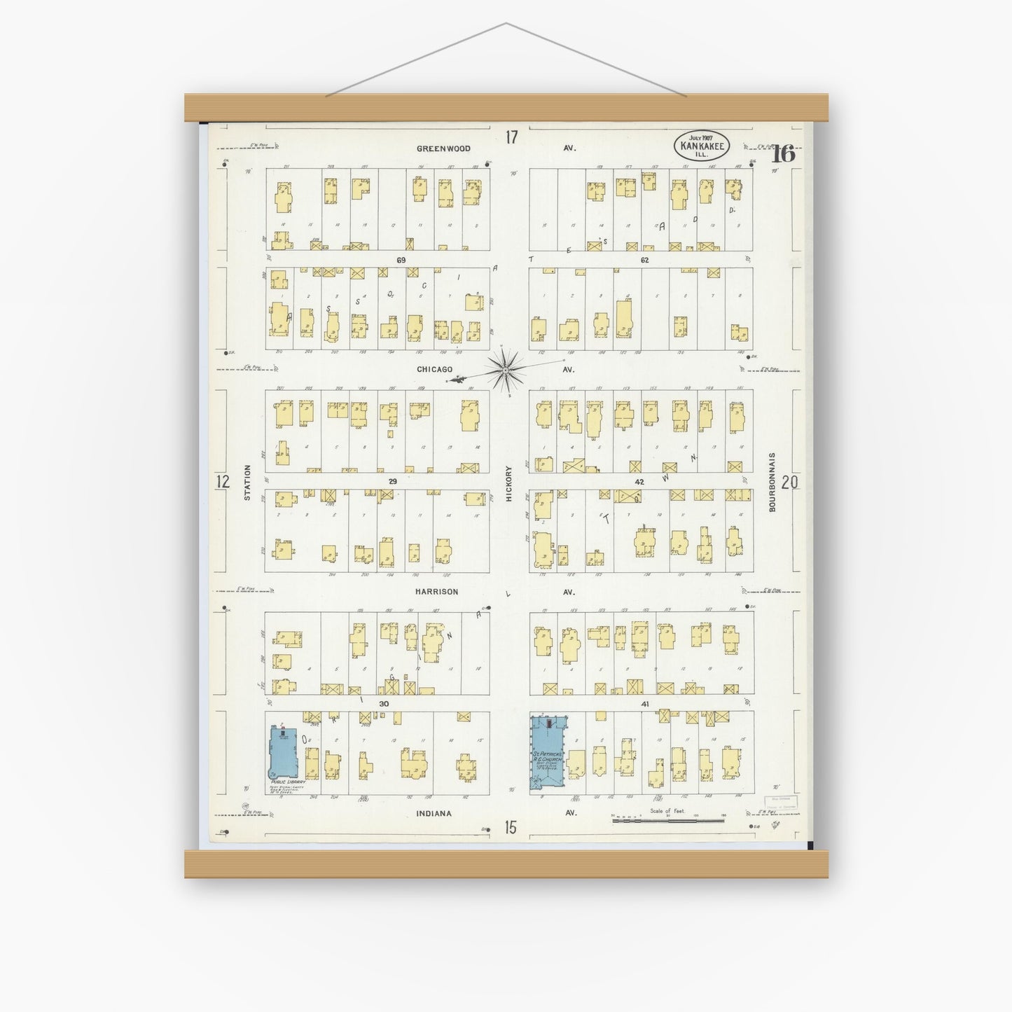Old map wall art mockup — magnetic wood frame on white wall — Sanborn Fire Insurance Map from Kankakee, Kankakee County, Illinois (1907), Sheet #0016