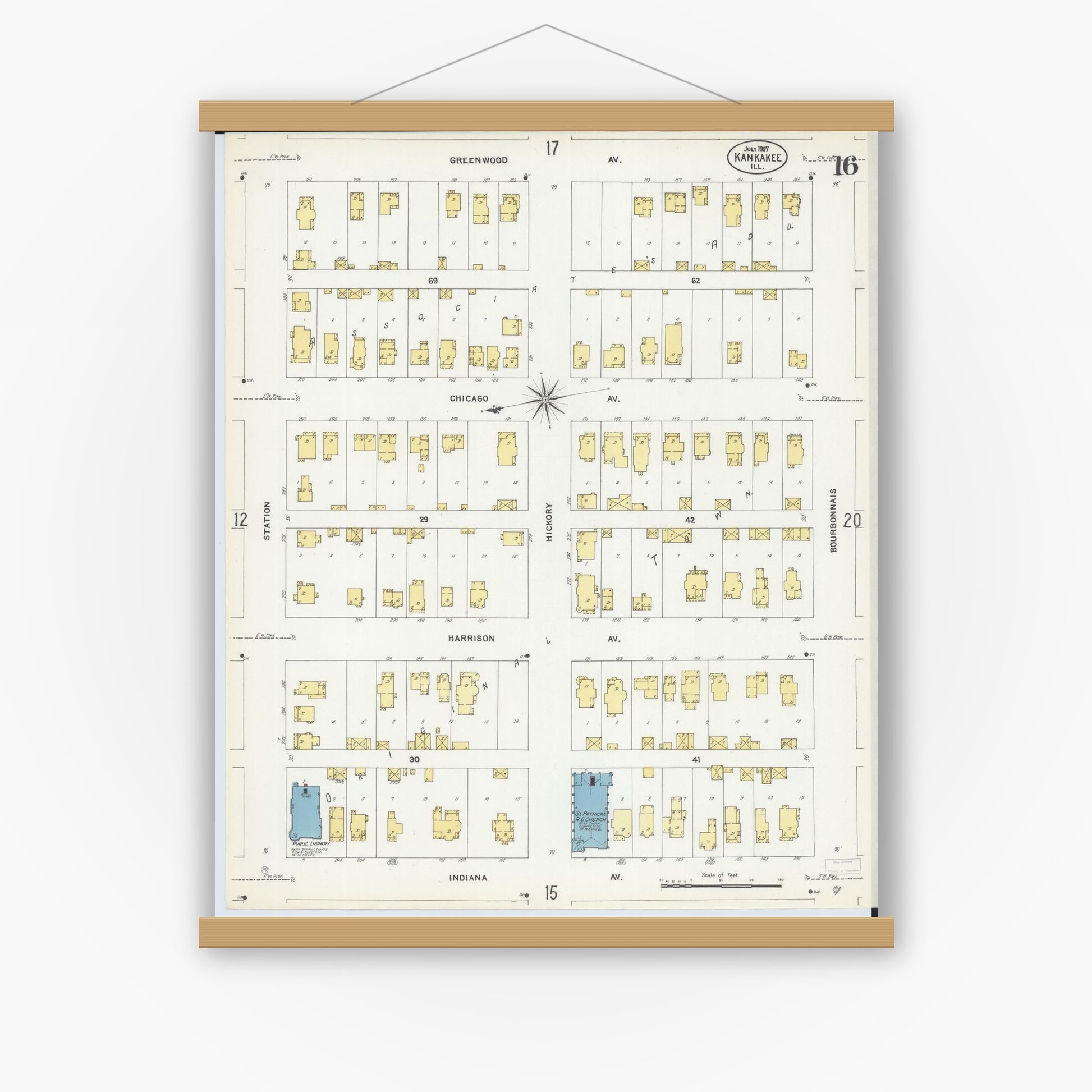 Old map wall art mockup — magnetic wood frame on white wall — Sanborn Fire Insurance Map from Kankakee, Kankakee County, Illinois (1907), Sheet #0016