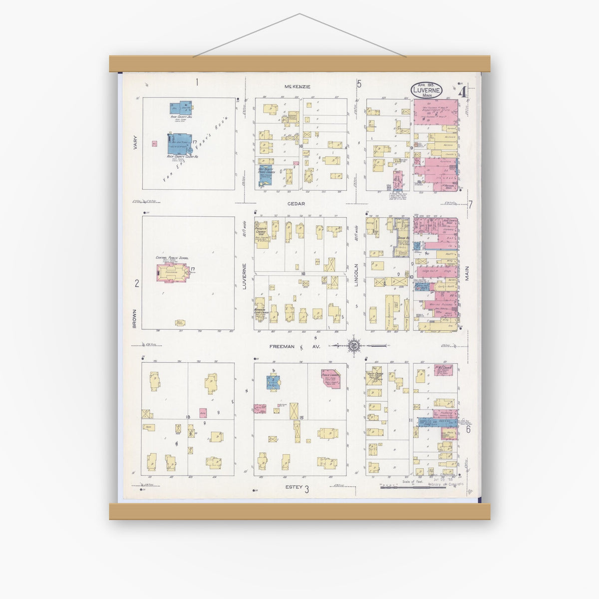 Old map wall art mockup — magnetic wood frame on white wall — Sanborn Fire Insurance Map from Luverne, Rock County, Minnesota (1913), Sheet #0004