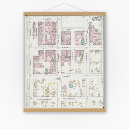 Old map wall art mockup — magnetic wood frame on white wall — Sanborn Fire Insurance Map from Decatur, Macon County, Illinois (1887), Sheet #0003