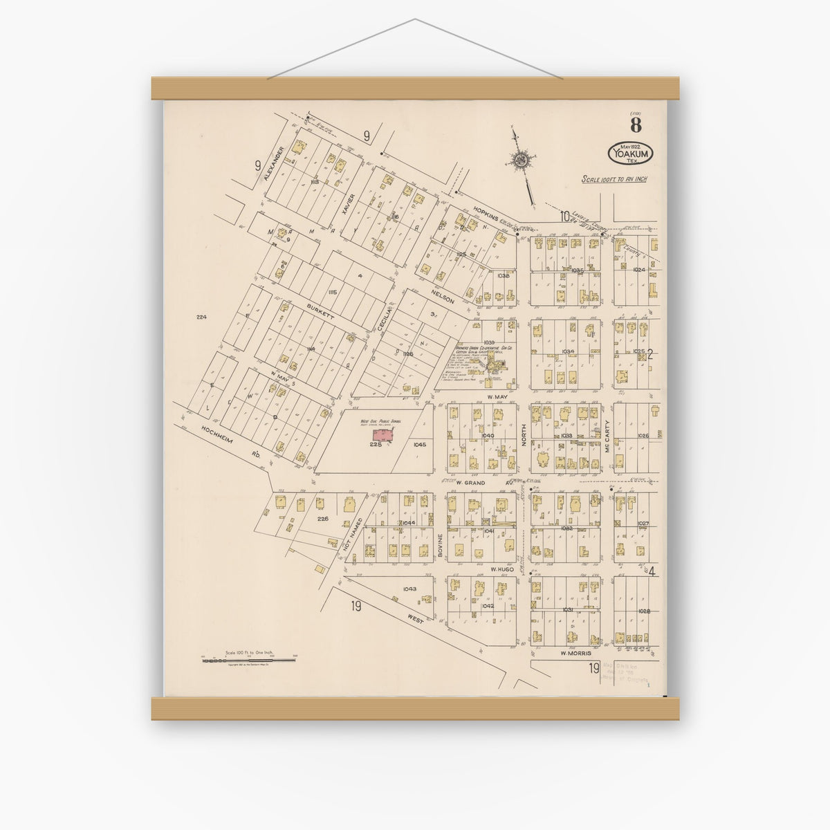 Old map wall art mockup — magnetic wood frame on white wall — Sanborn Fire Insurance Map from Yoakum, De Witt And Lavaca Counties, Texas (1922), Sheet #0008