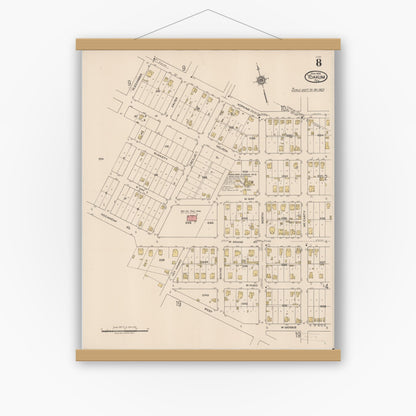 Old map wall art mockup — magnetic wood frame on white wall — Sanborn Fire Insurance Map from Yoakum, De Witt And Lavaca Counties, Texas (1922), Sheet #0008
