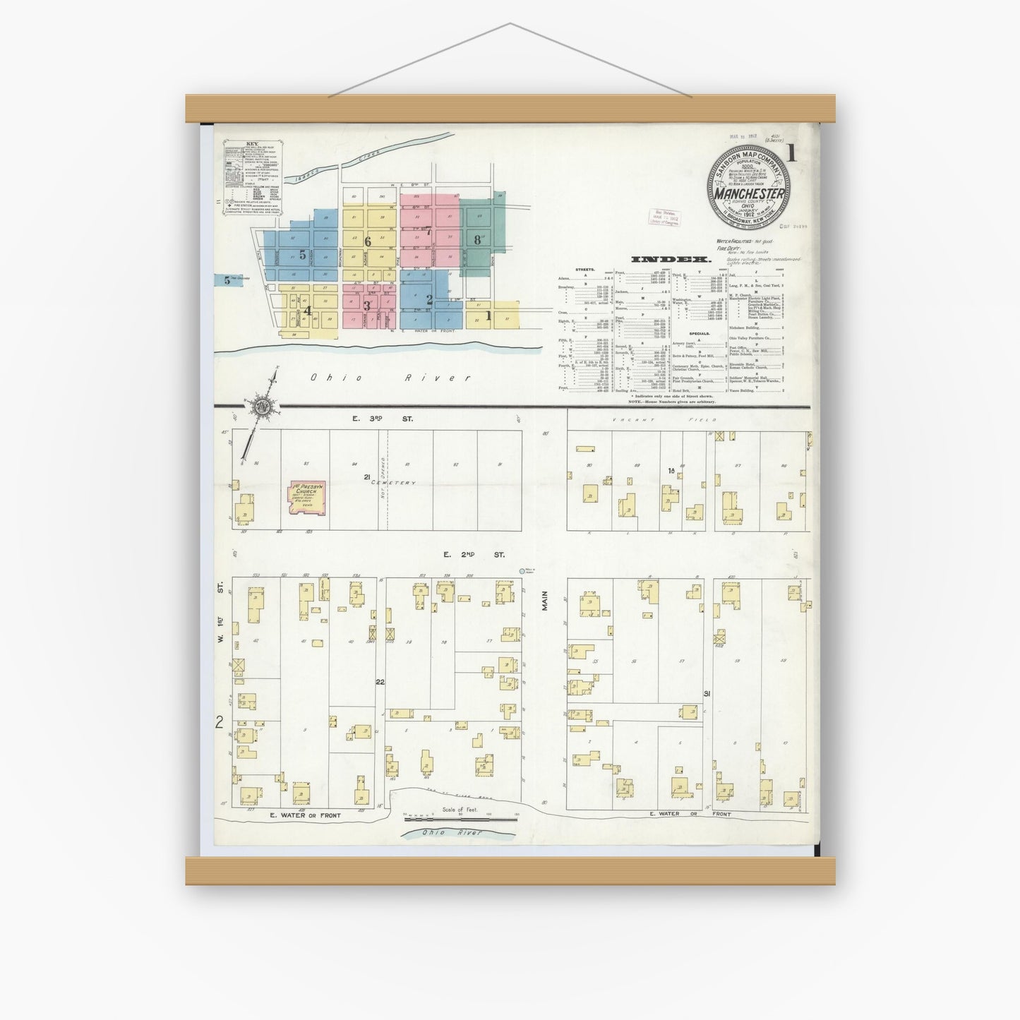 Old map wall art mockup — magnetic wood frame on white wall — Sanborn Fire Insurance Map from Manchester, Adams County, Ohio (1912) - Complete Map Set