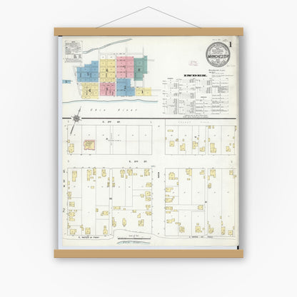 Old map wall art mockup — magnetic wood frame on white wall — Sanborn Fire Insurance Map from Manchester, Adams County, Ohio (1912) - Complete Map Set
