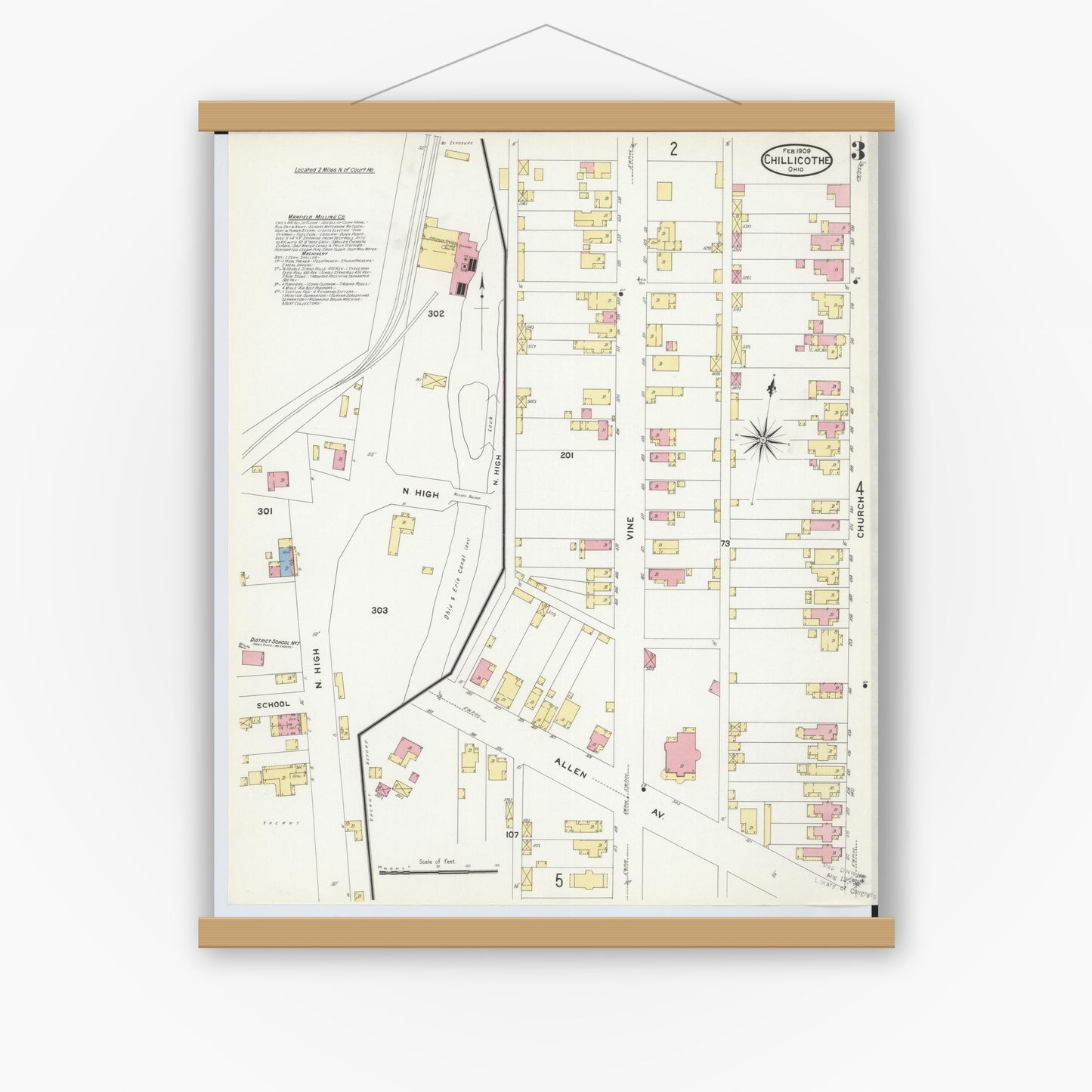Old map wall art mockup — magnetic wood frame on white wall — Sanborn Fire Insurance Map from Chillicothe, Ross County, Ohio (1909), Sheet #0003