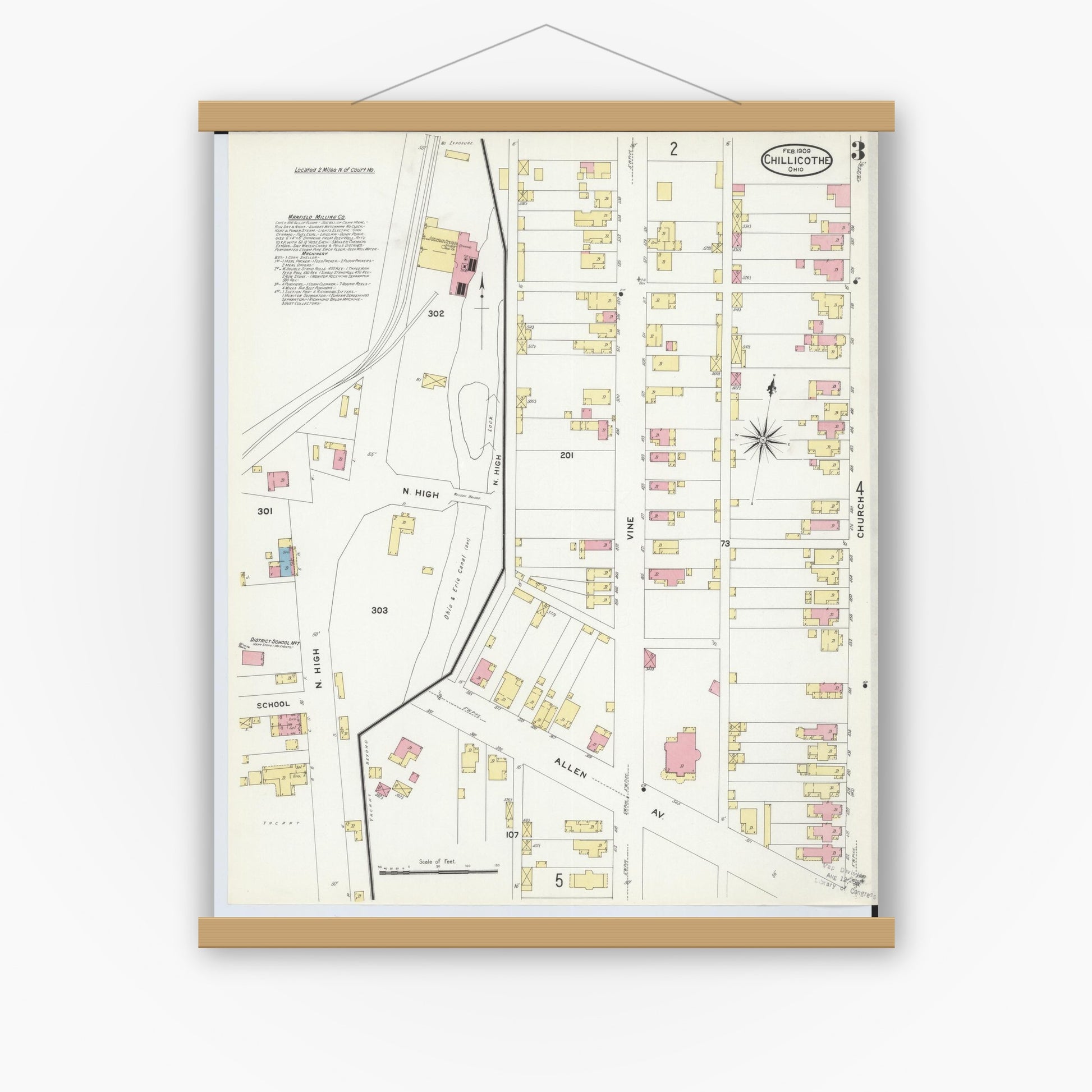 Old map wall art mockup — magnetic wood frame on white wall — Sanborn Fire Insurance Map from Chillicothe, Ross County, Ohio (1909), Sheet #0003