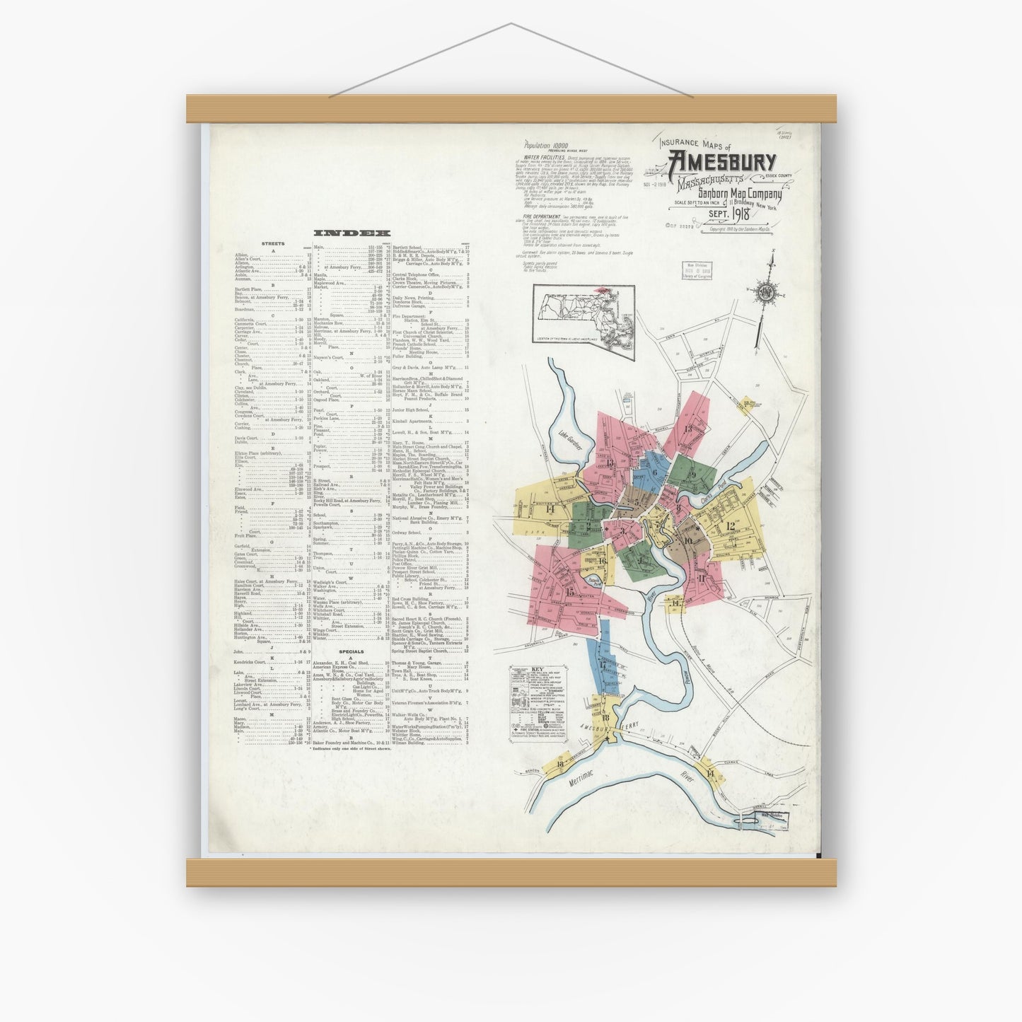 Old map wall art mockup — magnetic wood frame on white wall — Sanborn Fire Insurance Map from Amesbury, Essex County, Massachusetts (1918) - Complete Map Set