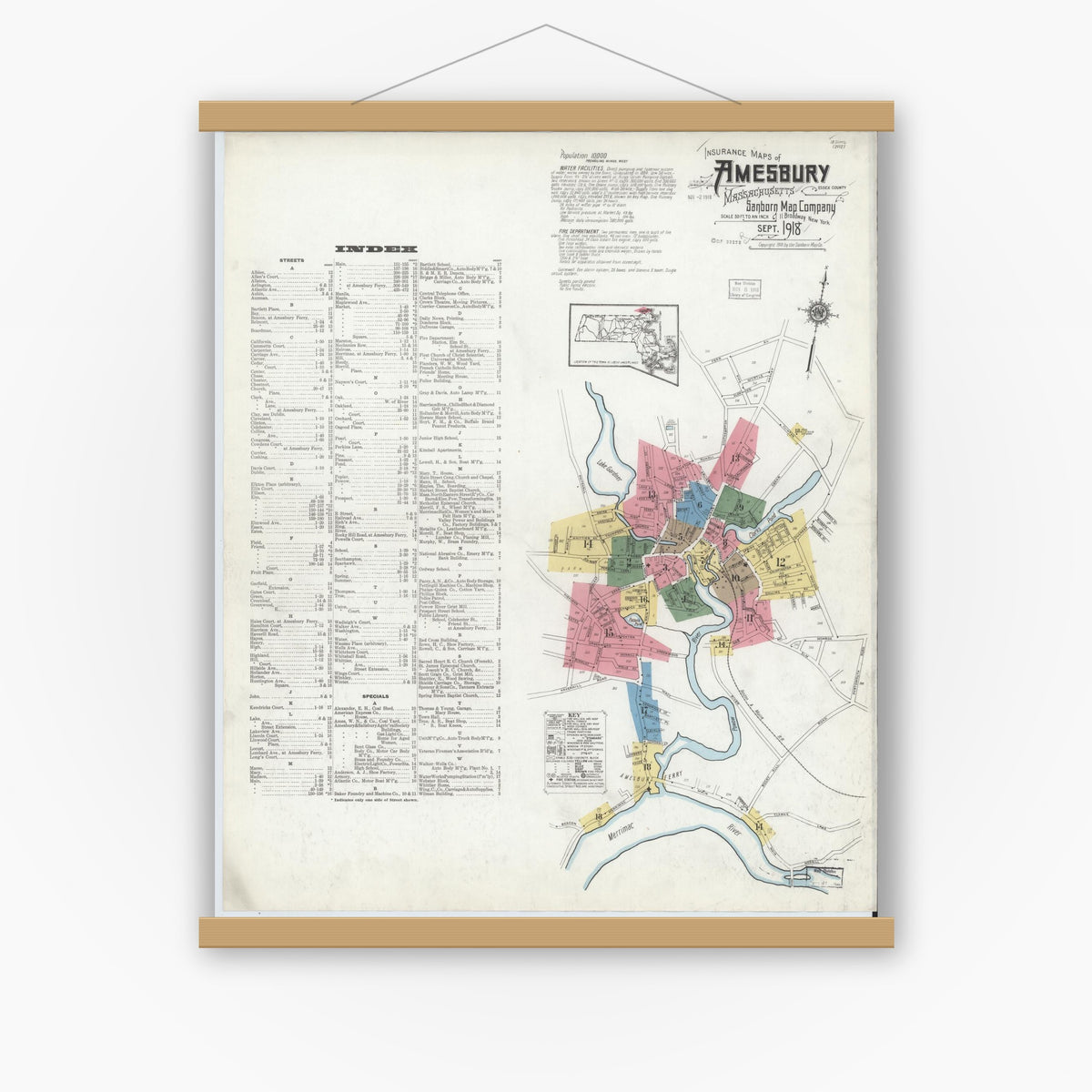 Old map wall art mockup — magnetic wood frame on white wall — Sanborn Fire Insurance Map from Amesbury, Essex County, Massachusetts (1918) - Complete Map Set