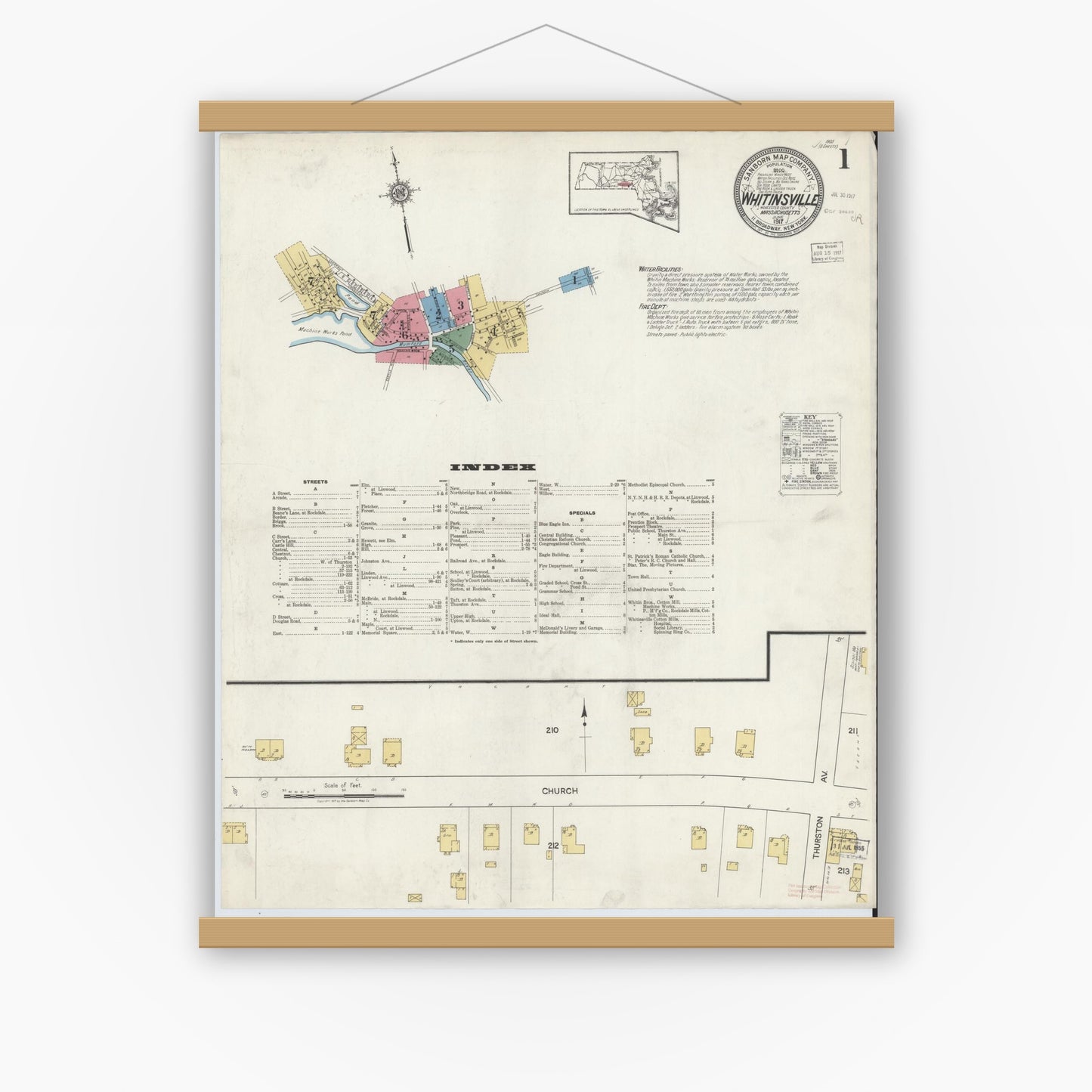 Old map wall art mockup — magnetic wood frame on white wall — Sanborn Fire Insurance Map from Whitinsville, Worcester County, Massachusetts (1917), Sheet #0001