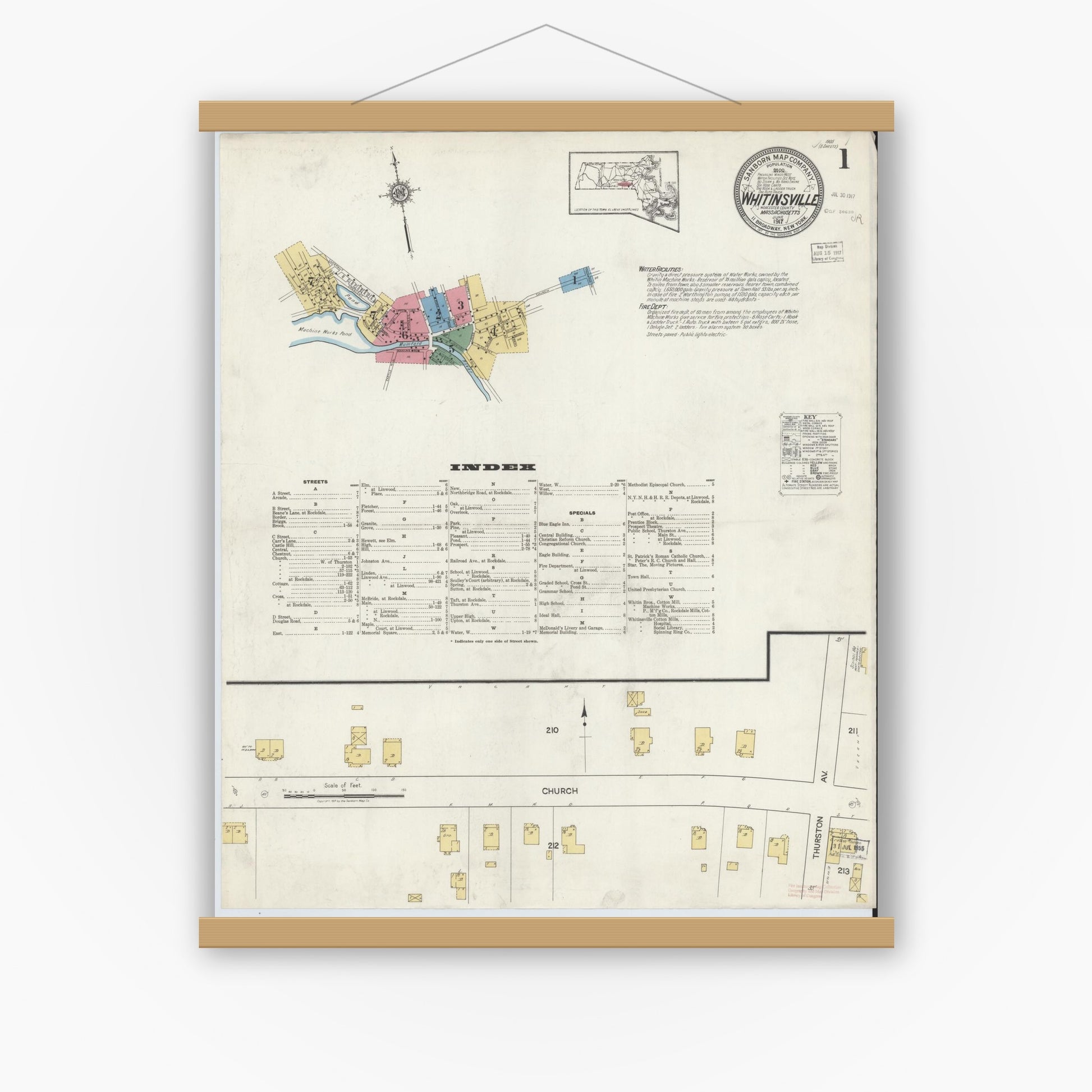 Old map wall art mockup — magnetic wood frame on white wall — Sanborn Fire Insurance Map from Whitinsville, Worcester County, Massachusetts (1917), Sheet #0001