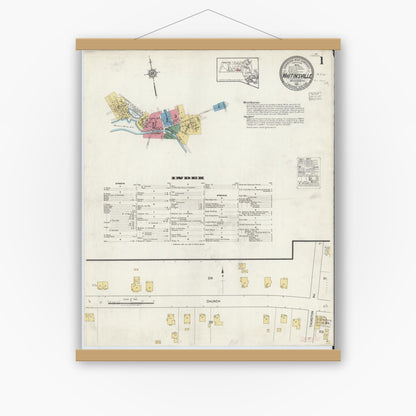Old map wall art mockup — magnetic wood frame on white wall — Sanborn Fire Insurance Map from Whitinsville, Worcester County, Massachusetts (1917), Sheet #0001