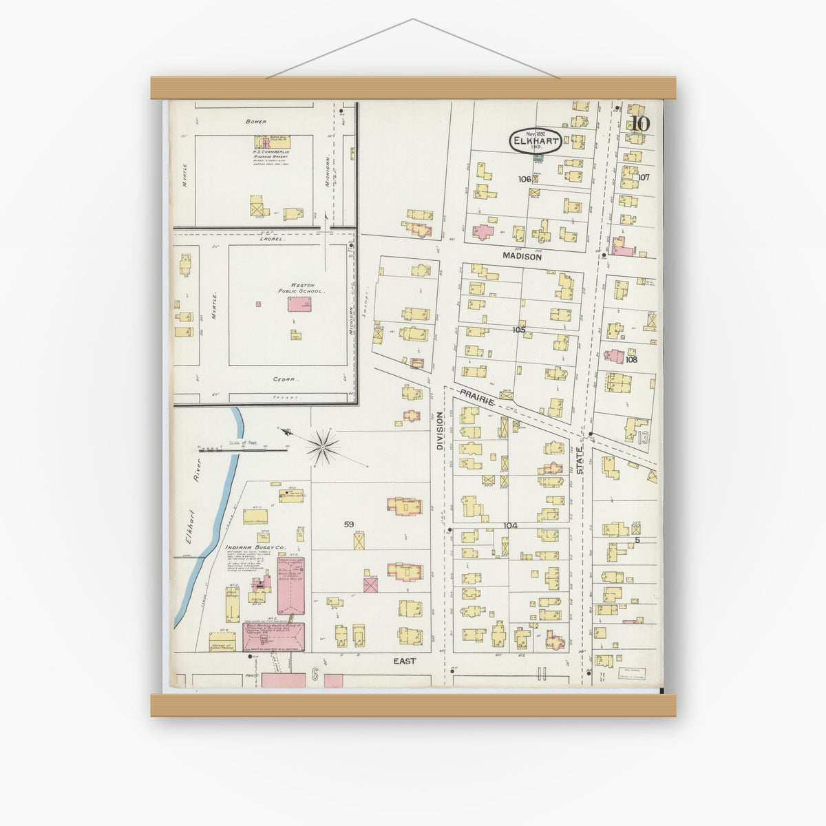 Old map wall art mockup — magnetic wood frame on white wall — Sanborn Fire Insurance Map from Elkhart, Elkhart County, Indiana (1892), Sheet #0010