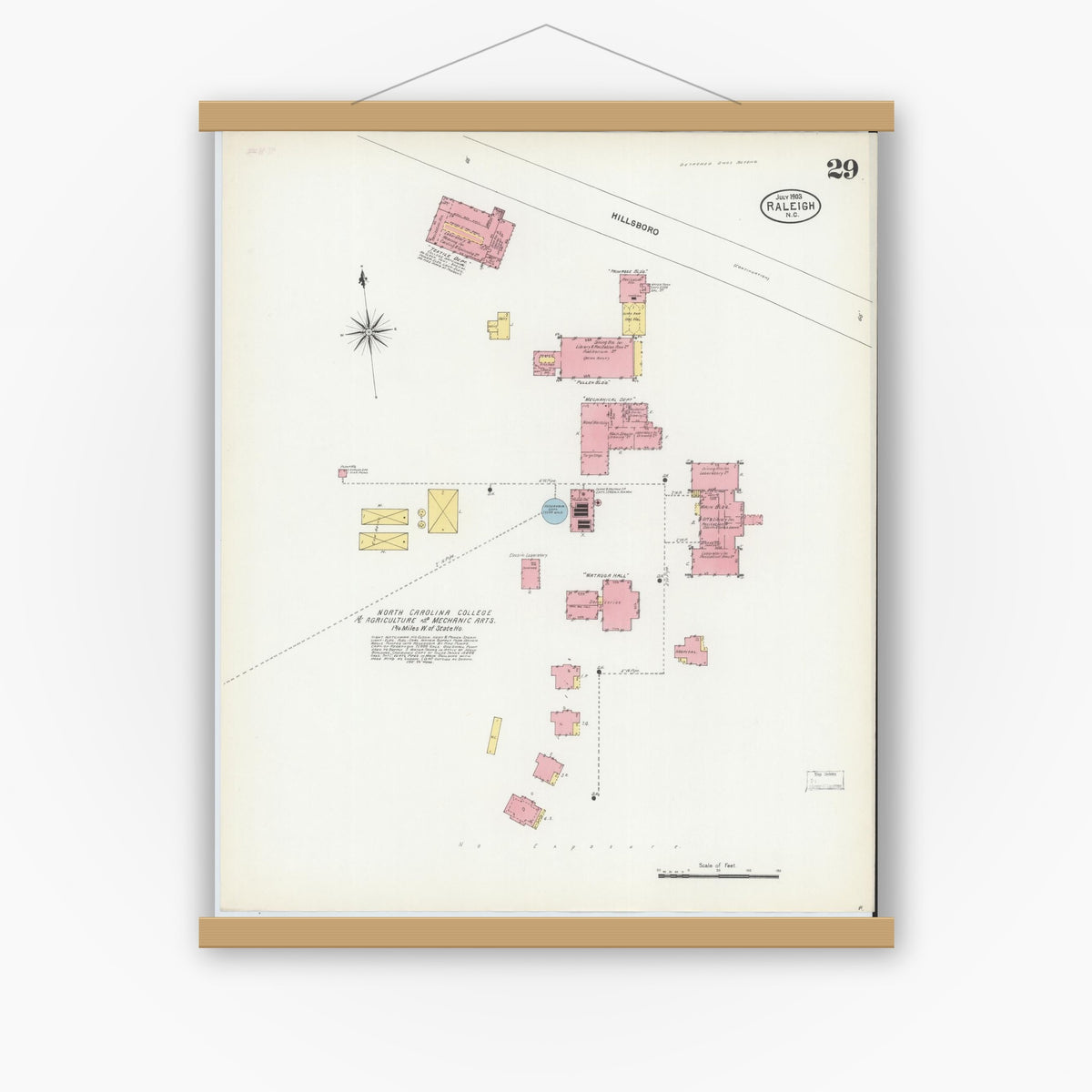 Old map wall art mockup — magnetic wood frame on white wall — Sanborn Fire Insurance Map from Raleigh, Wake County, North Carolina (1903), Sheet #0029