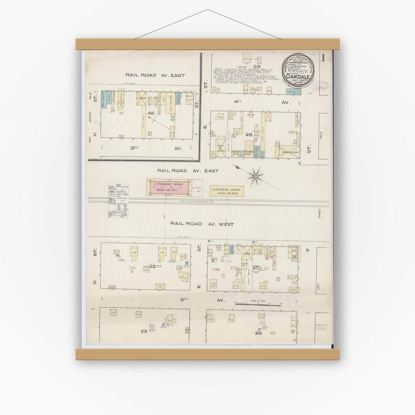 Old map wall art mockup — magnetic wood frame on white wall — Sanborn Fire Insurance Map from Oakdale, Stanislaus County, California (1885) - Complete Map Set
