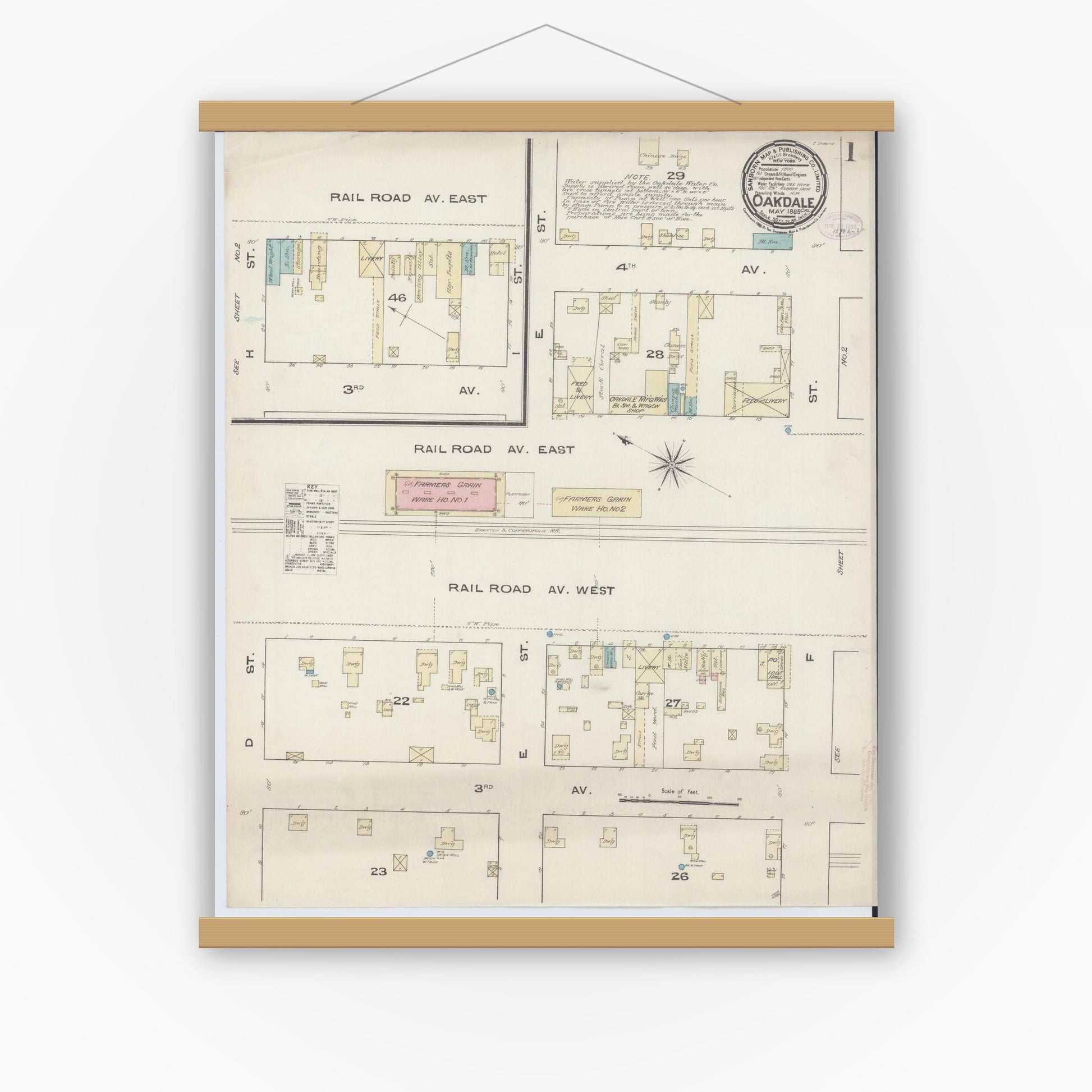 Old map wall art mockup — magnetic wood frame on white wall — Sanborn Fire Insurance Map from Oakdale, Stanislaus County, California (1885) - Complete Map Set