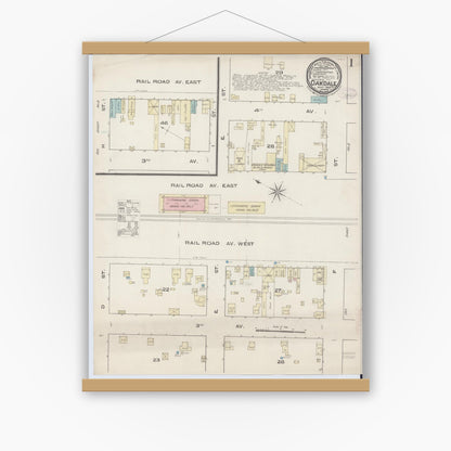 Old map wall art mockup — magnetic wood frame on white wall — Sanborn Fire Insurance Map from Oakdale, Stanislaus County, California (1885) - Complete Map Set
