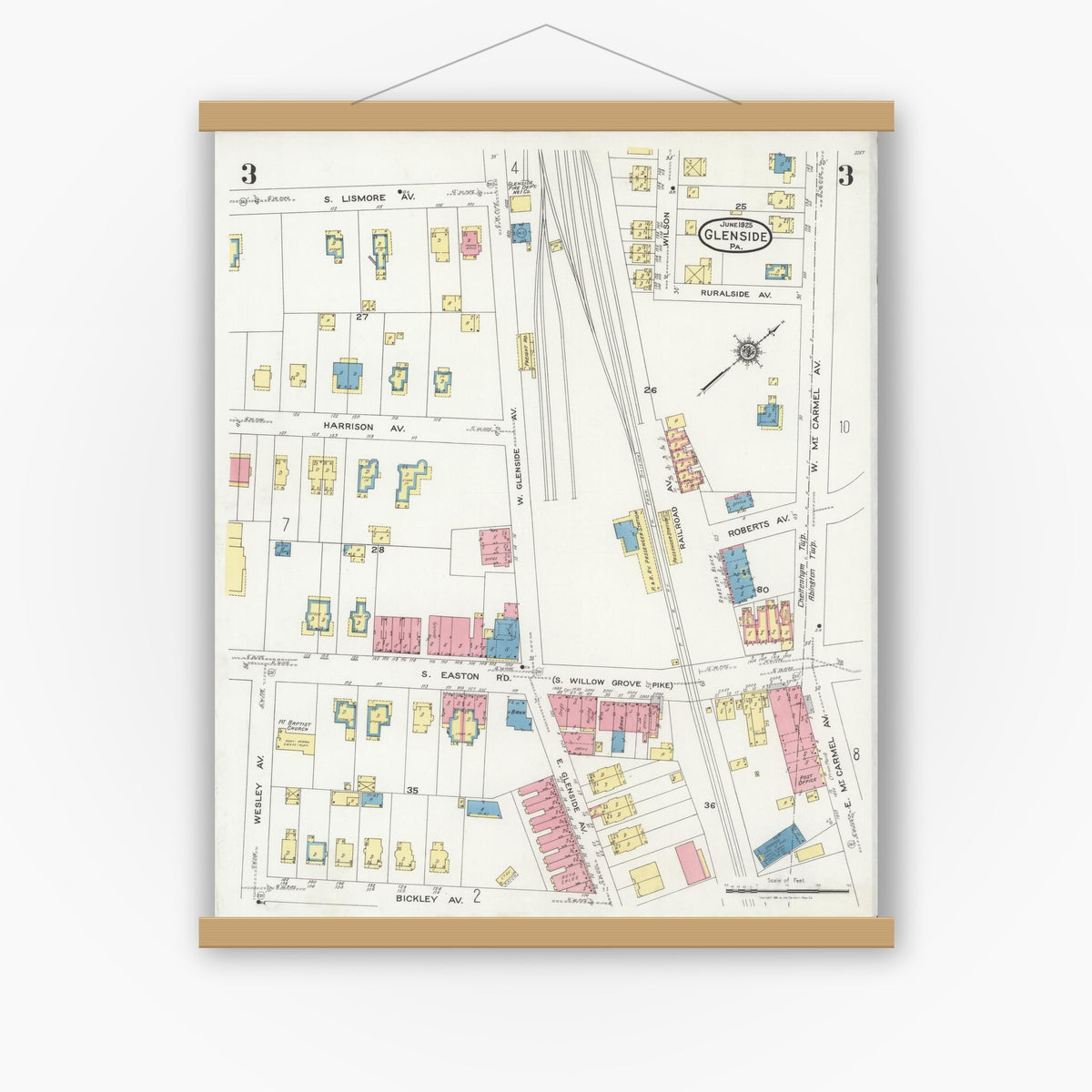 Old map wall art mockup — magnetic wood frame on white wall — Sanborn Fire Insurance Map from Glenside, Montgomery County, Pennsylvania (1925), Sheet #0003