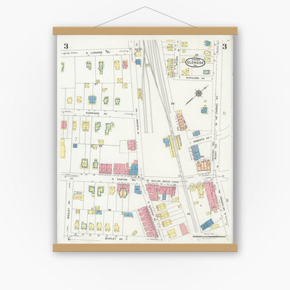 Old map wall art mockup — magnetic wood frame on white wall — Sanborn Fire Insurance Map from Glenside, Montgomery County, Pennsylvania (1925), Sheet #0003